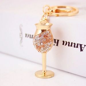 Silver and Champagne Crystal Wine Goblet Keychain Charm